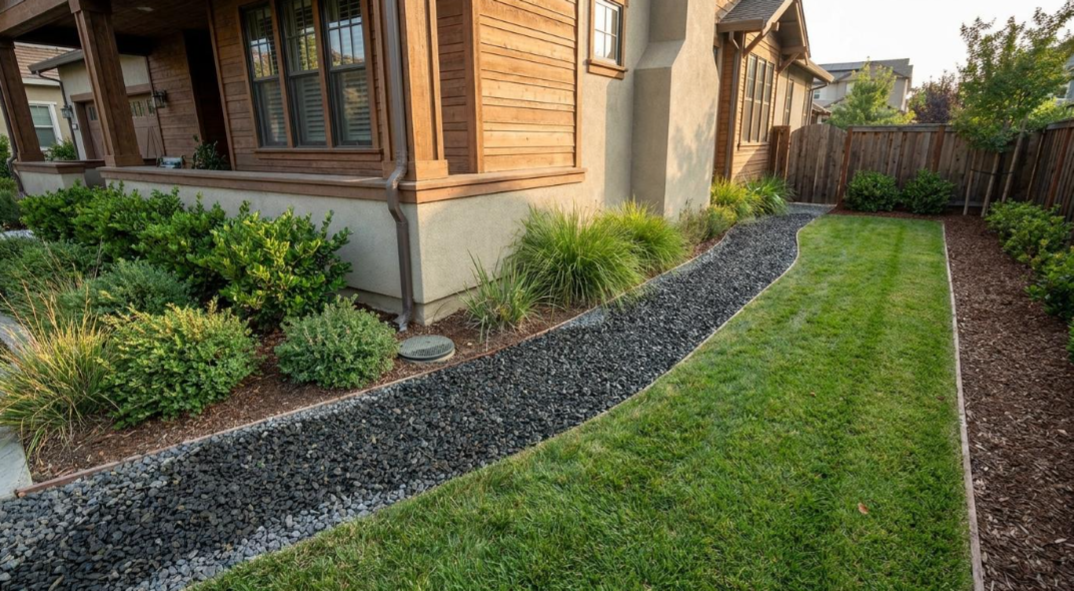 Curved gravel border beside a house with shrubs, a flower bed, and a neatly mowed green lawn