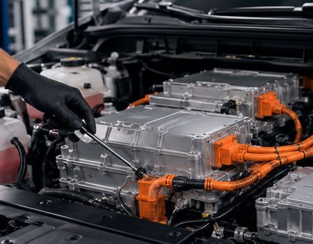 Gloved hand inspecting electric vehicle battery pack with orange high-voltage cables in a factory
