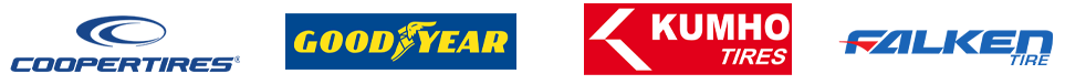 Row of tire brand logos: Cooper Tires, Goodyear, Kumho, and Falken on colored backgrounds