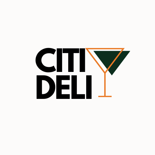 A city deli logo with a martini glass in the middle.