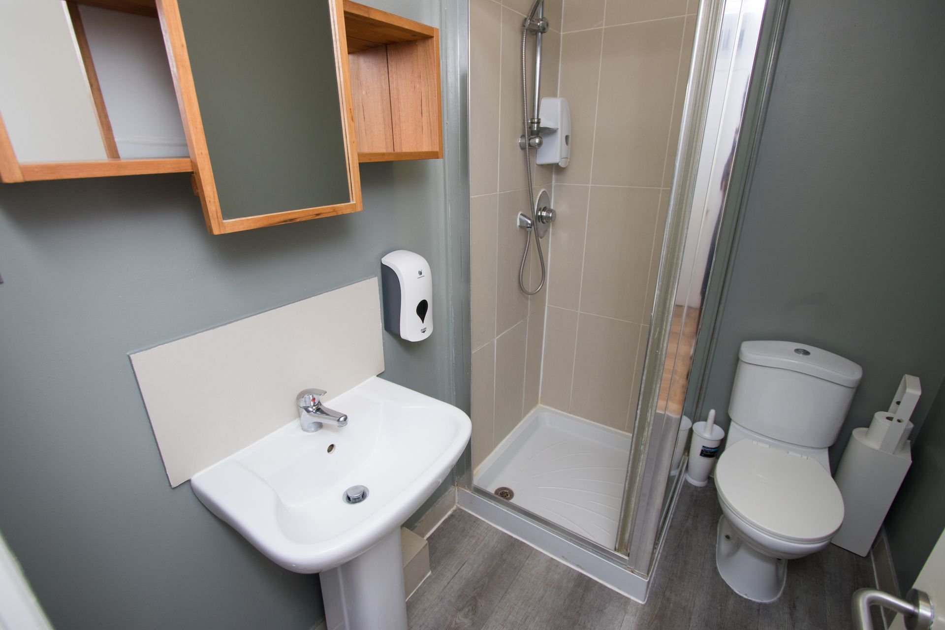 A bathroom with a sink , toilet and shower.