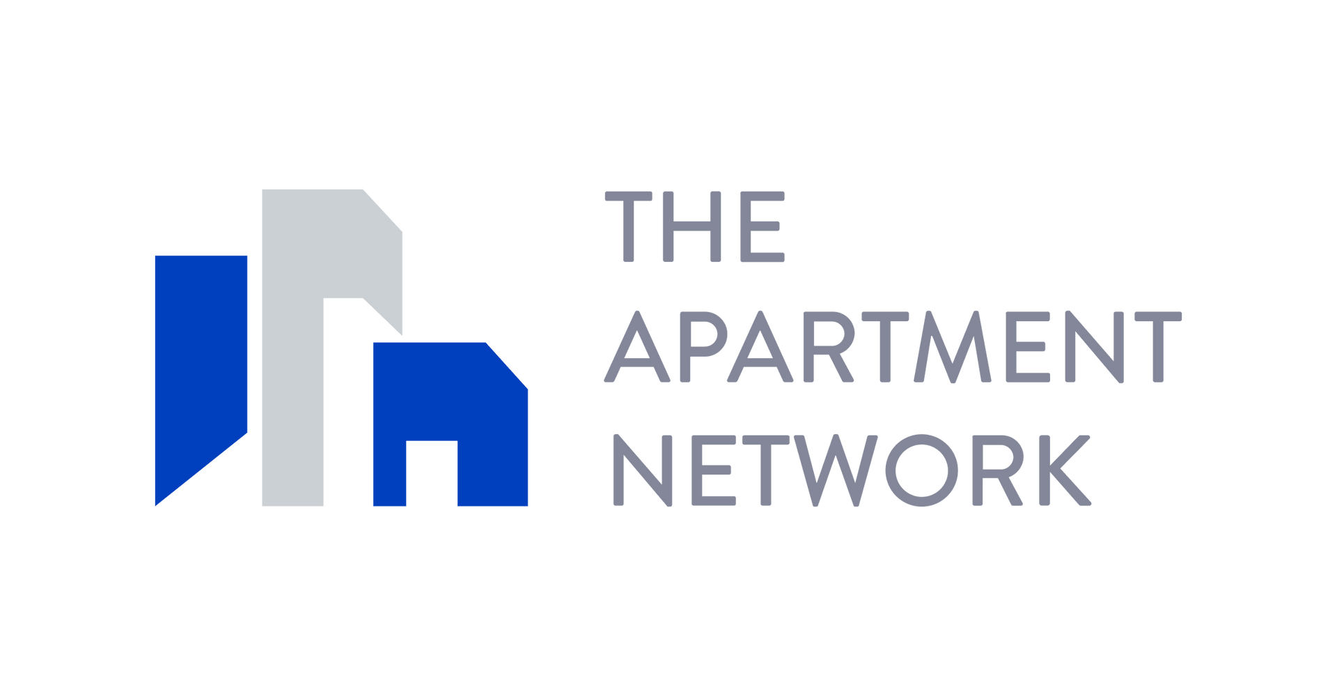 The apartment network logo is a blue and gray logo with a building in the middle.