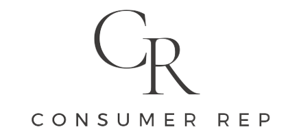 a black and white logo for a company called consumer rep
