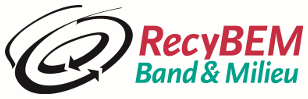 Logo voor RecyBEM: een zwart, cirkelvormig pijltje naast de rode tekst