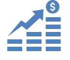 Blue graphic showing increasing financial growth: stacked bars, rising arrow, and dollar sign.