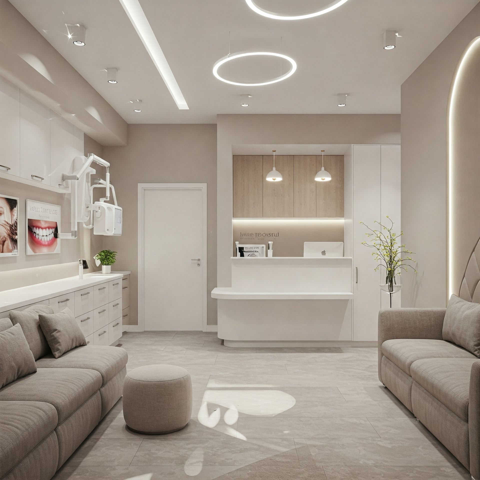 Modern dental office with sofas, a reception desk, and medical equipment. Soft neutral colors.