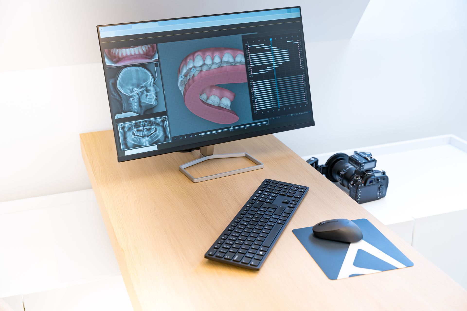 Computer monitor displaying dental imagery on a desk with keyboard, mouse, and camera.