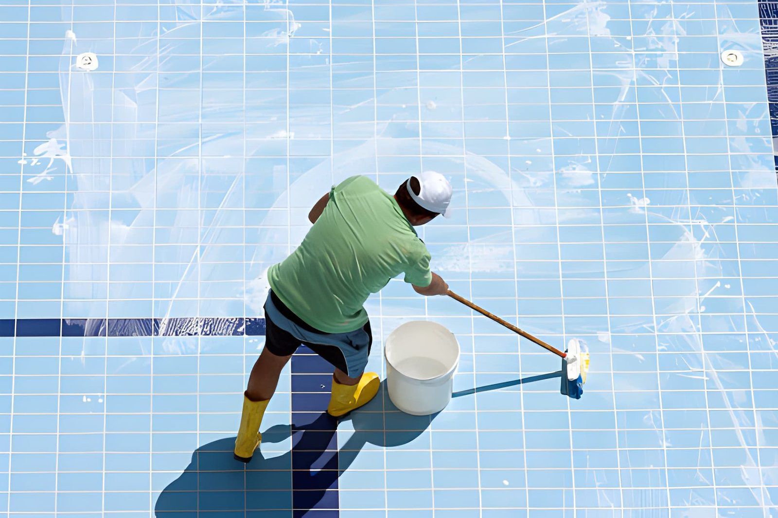 Person mops a blue tiled floor beside a white bucket in bright sunlight.