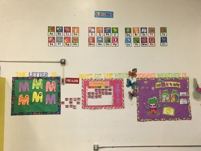 A bulletin board with the letter m on it