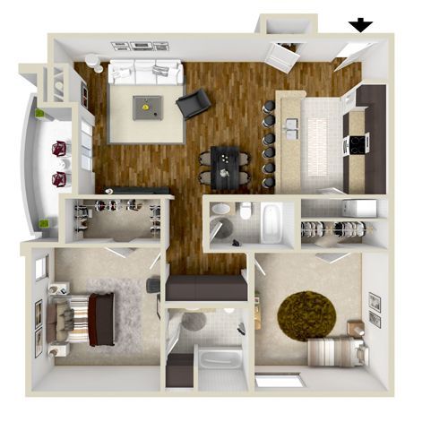Top-down floor plan of a modern apartment with living room, kitchen, bedroom, and bathroom.