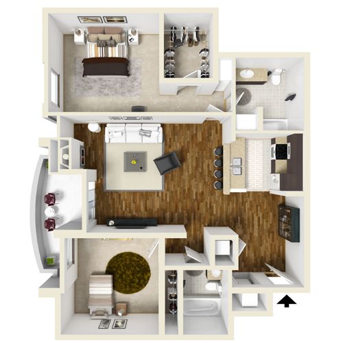 Top-down floor plan of a furnished apartment with bedroom, bathroom, kitchen, living area, and balcony.