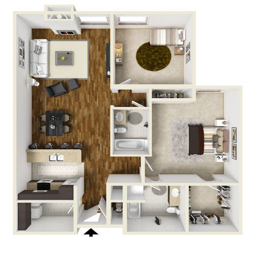 Top-down view of a furnished apartment floor plan with rooms, furniture, and wood flooring.