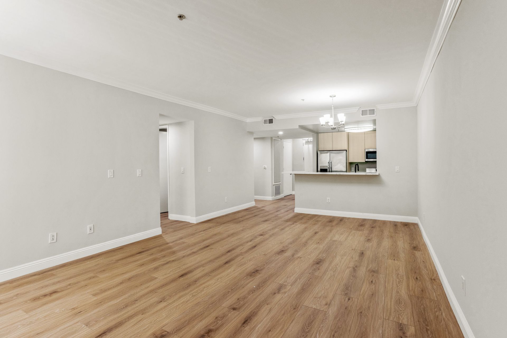 Empty living room with light wood floors, white walls, and open kitchen pass-through.