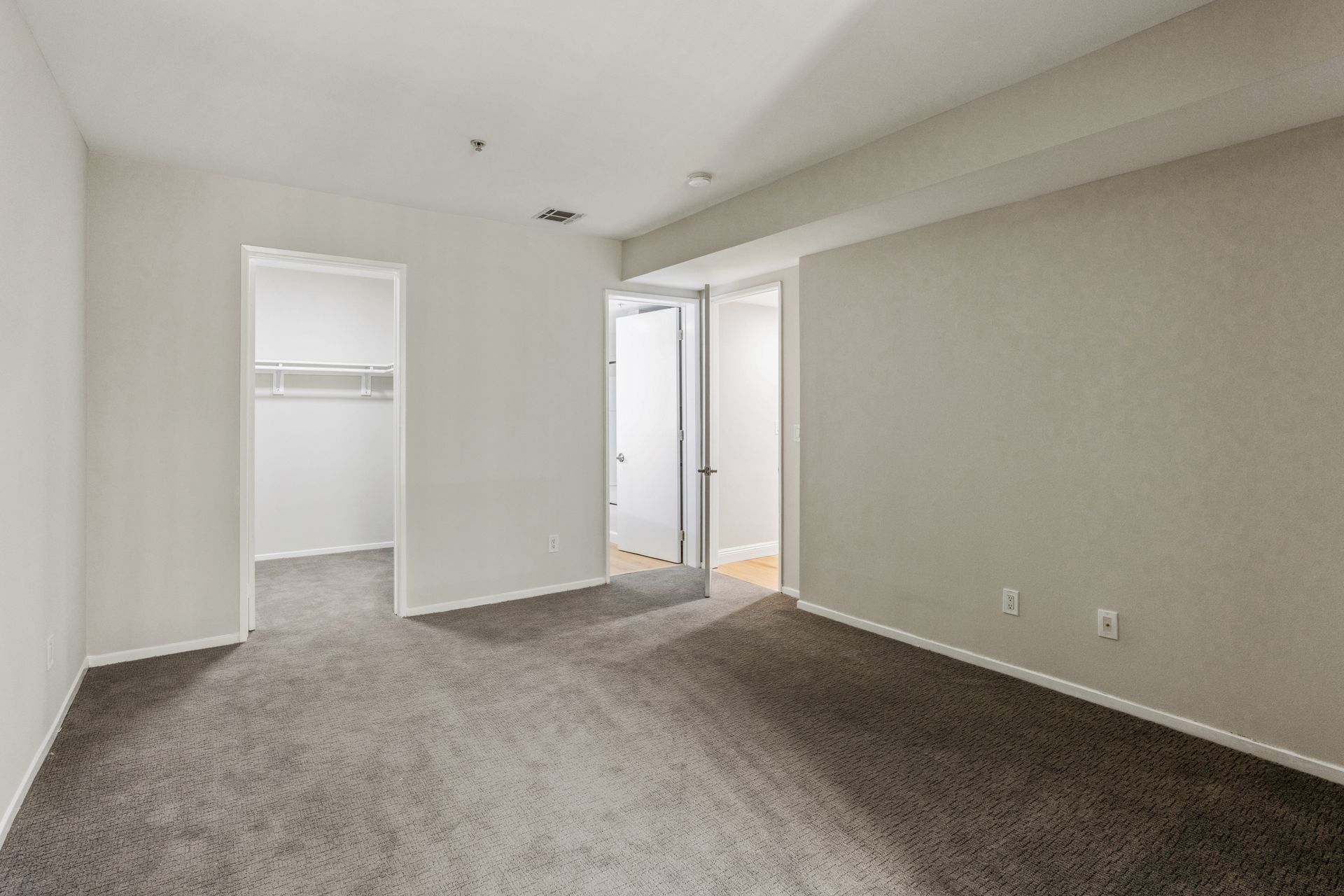 Empty carpeted bedroom with white walls, closet, and doorway to adjoining hall