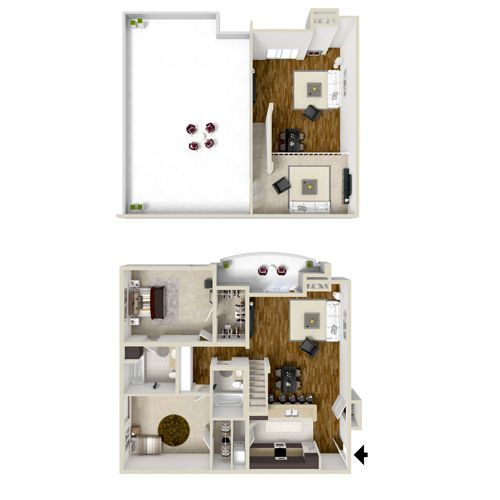 Split-view 3D floor plan of a small apartment with white walls, wood floors, and furniture layout