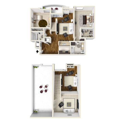Top-down apartment floor plan with furniture, wood floors, and a matching lower-level layout view