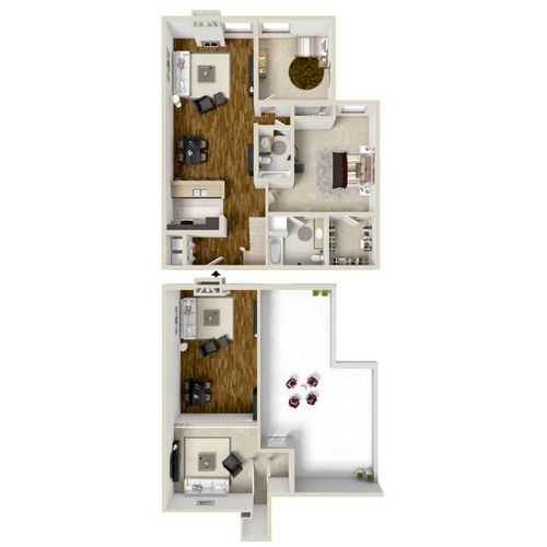 Floor plan of a small apartment, with a furnished upper unit and a lower open-plan living space.