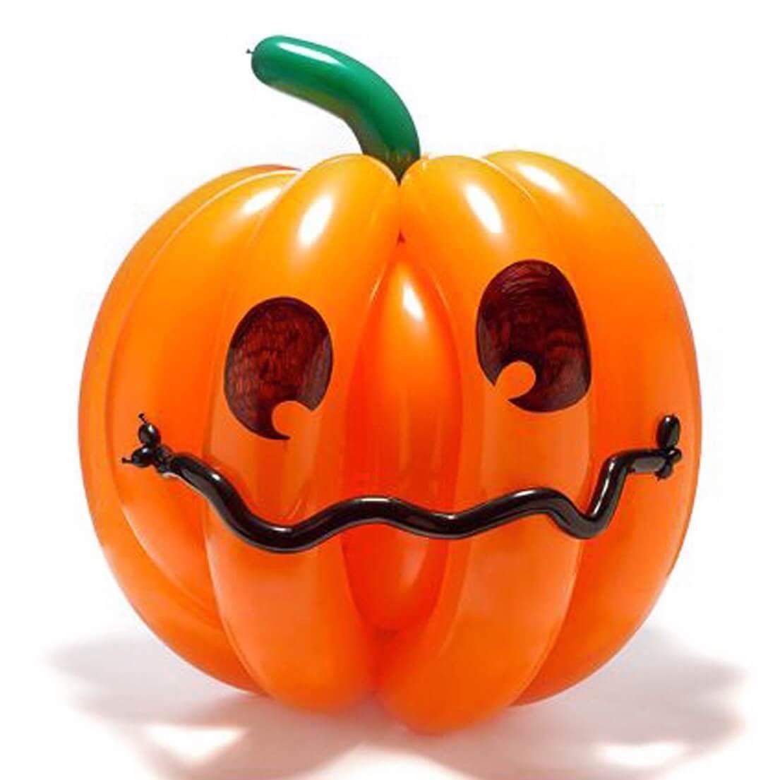 Orange balloon jack-o'-lantern with black facial features and a green stem.