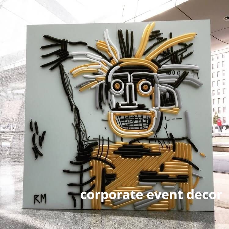 A painting of a skull with the word corporate event decor below it