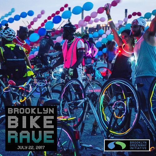Brooklyn Bike Rave event, cyclists glowing with lights, colorful balloons in dusk setting.