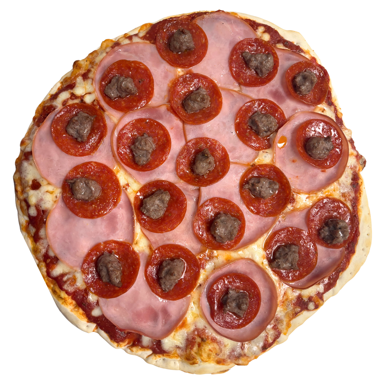 Pizza with red sauce, cheese, ham, pepperoni, and sausage.