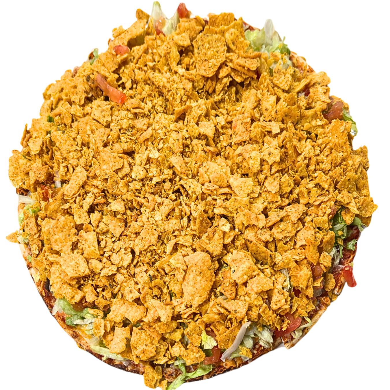 Flatbread topped with crushed corn chips, lettuce, and tomatoes.