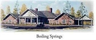 Boiling Springs building illustration with a brick-and-white facade and peaked roofline