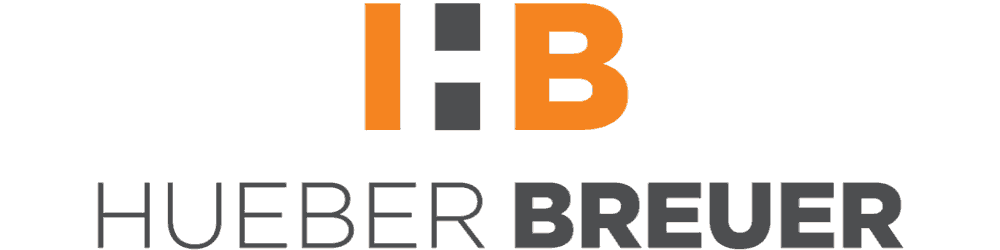 HUEBER BREUER logo with gray and orange text and a stylized HB icon