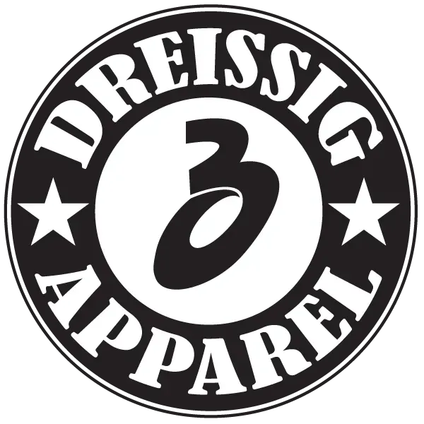 Dreissig Apparel logo with a large stylized number 3 in black and white