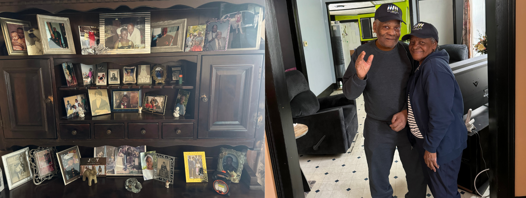 Collage of a display case with framed photos and memorabilia beside two people posing indoors