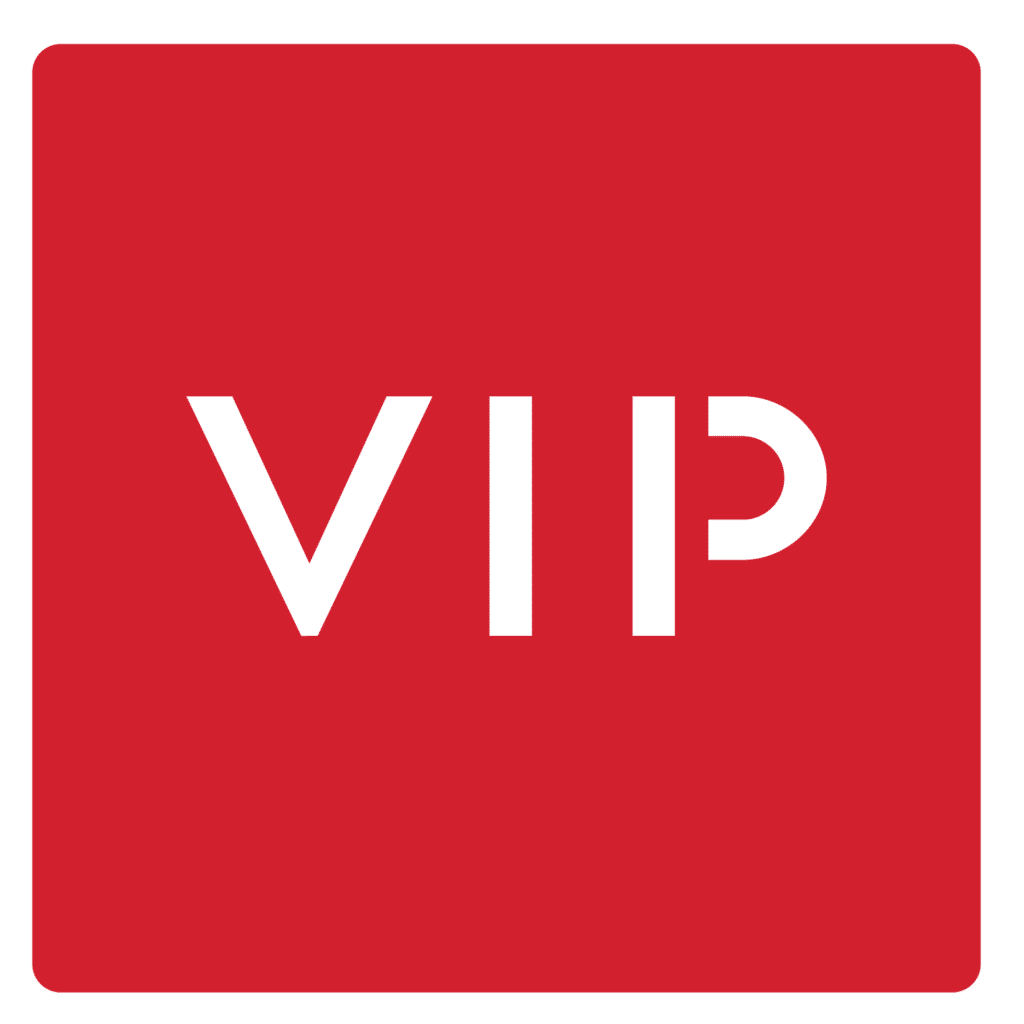 White VIP letters on a red square background.