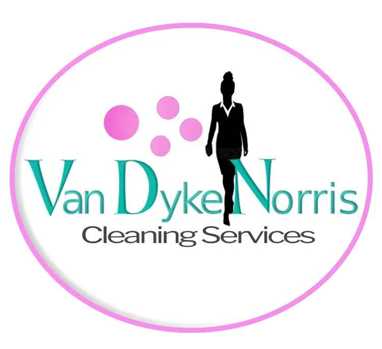 Van Dyke Norris Cleaning Services logo in teal and pink with a black cleaner silhouette