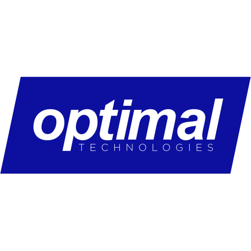 Optimal Technologies logo on a blue slanted rectangle with white text