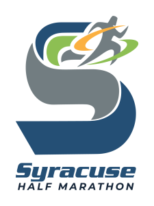 Syracuse Half Marathon logo with stylized runner in blue, gray, green, and orange