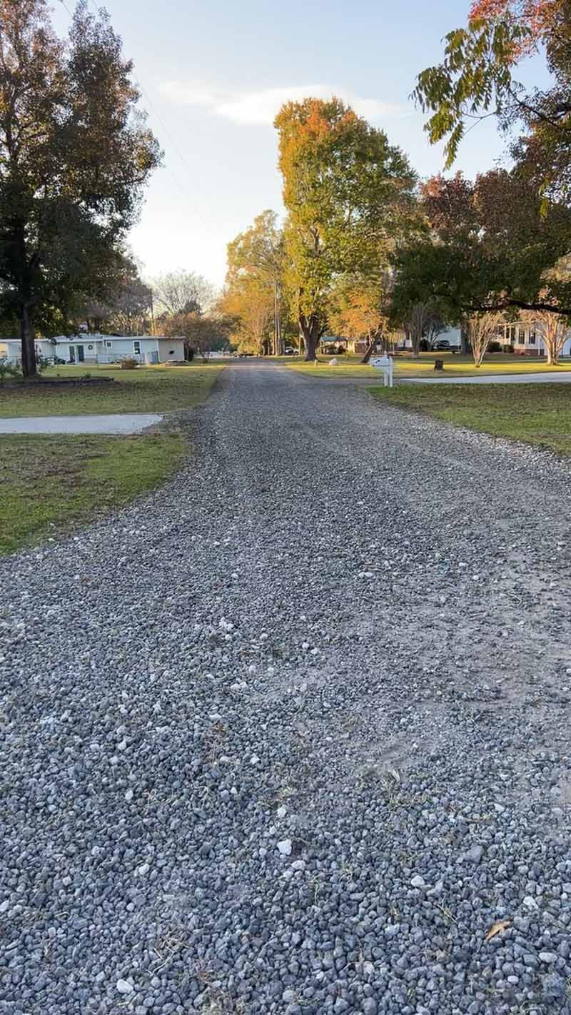 Gravel path leading through a park with trees and houses in the distance at sunset