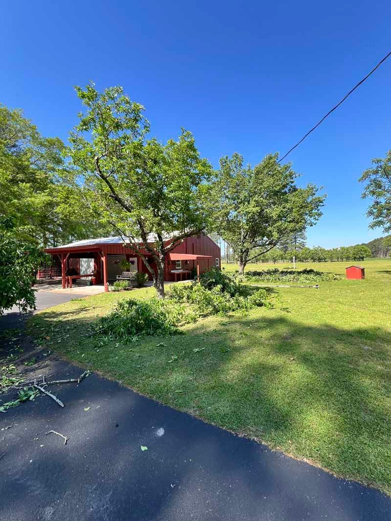 Red house with porch beside grassy yard and trees under a bright blue sky