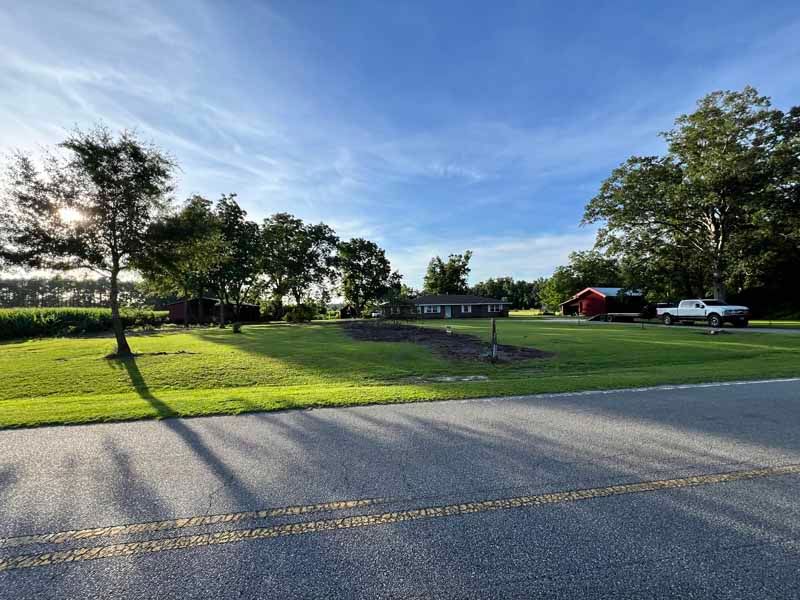 Sunlit rural roadside with trees, a grassy field, and parked trucks near a small building.