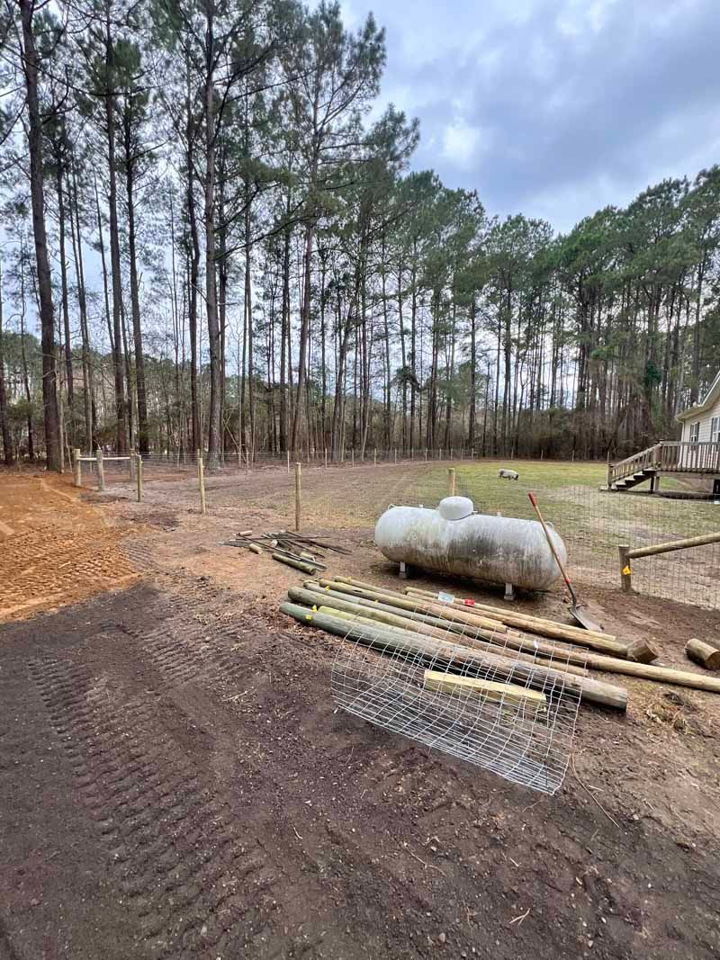Cleared wooded lot with tall pine trees, dirt ground, and stacked pipes in the foreground