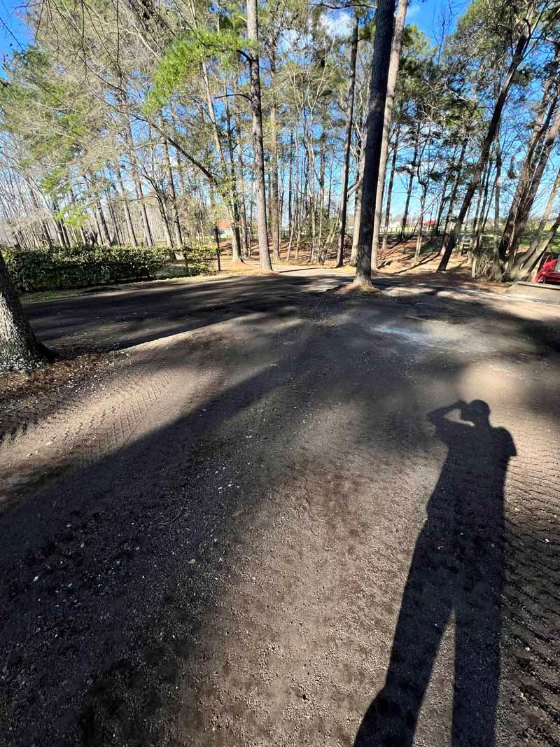Sunny dirt road in a wooded area, with a person’s shadow in the foreground.