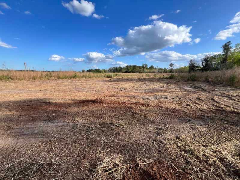 Dry, scraped field under a bright blue sky with scattered clouds and a tree line in the distance.