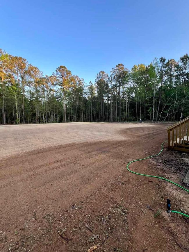 Freshly graded dirt clearing bordered by trees under a blue sky, with a wooden deck and garden hose on the right