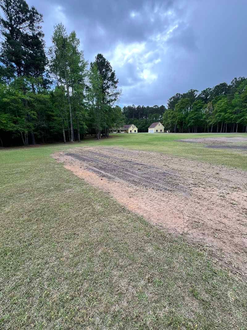 Open grassy field with a bare dirt patch, bordered by trees under a cloudy sky