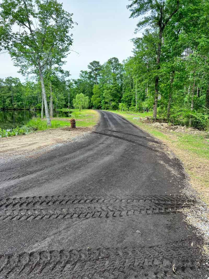 Freshly graded dirt road curving through a green wooded area