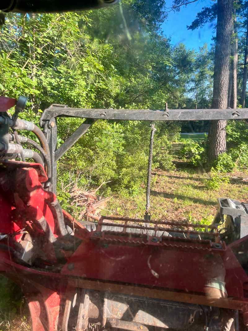 Red off-road vehicle on a dirt path surrounded by dense green trees and brush.
