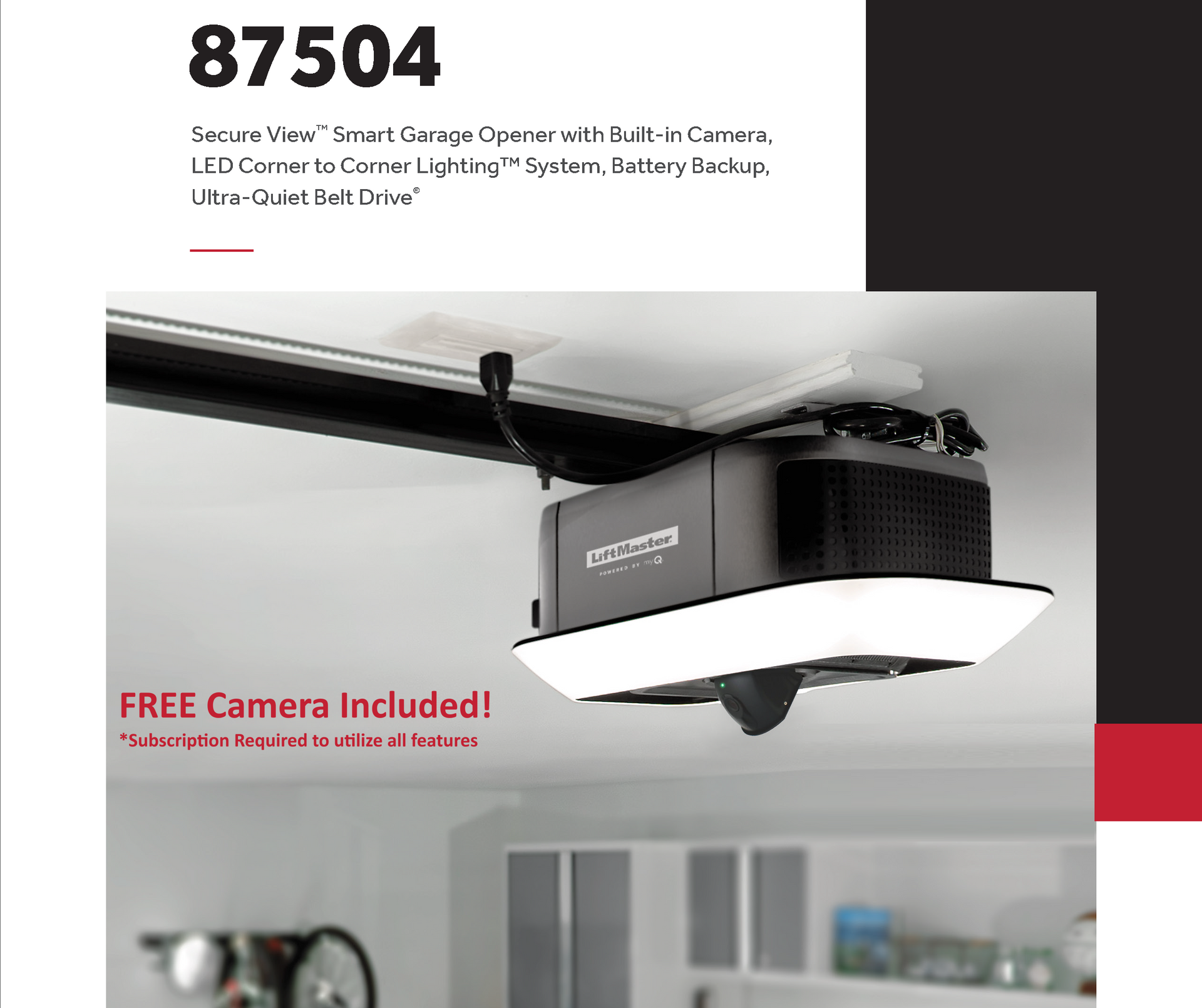 Garage door opener with camera, LED lighting and battery backup installed in a garage.