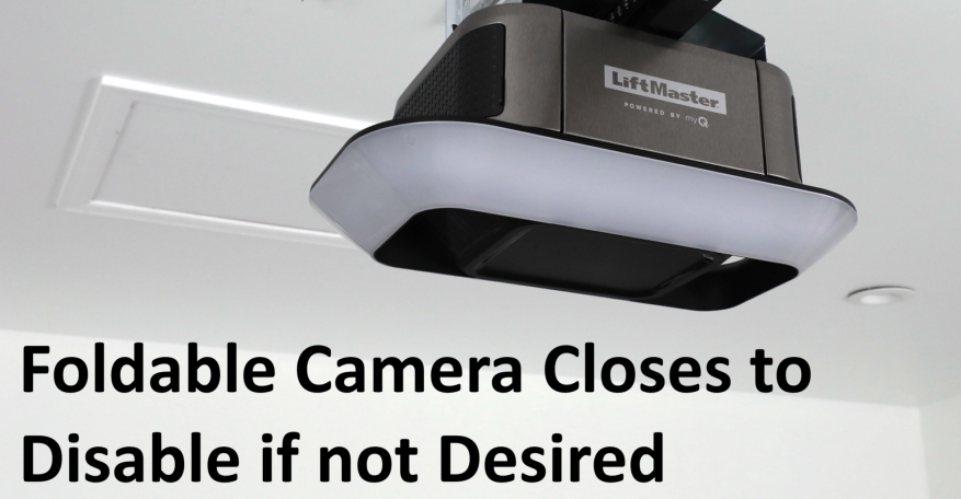 Garage door opener with a foldable camera, labeled 