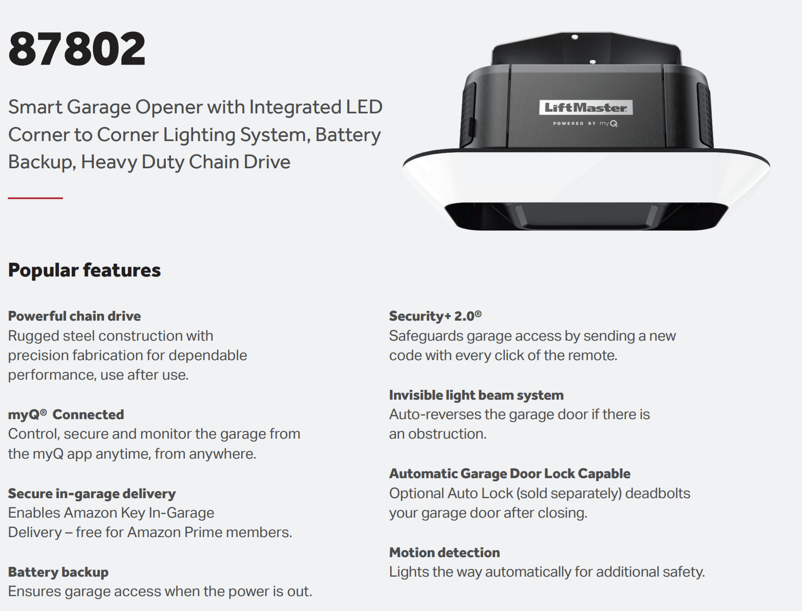 Garage door opener with LED lighting, battery backup, and chain drive.