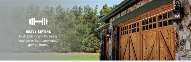 A wooden garage door with a stone exterior and a dumbbell icon. 