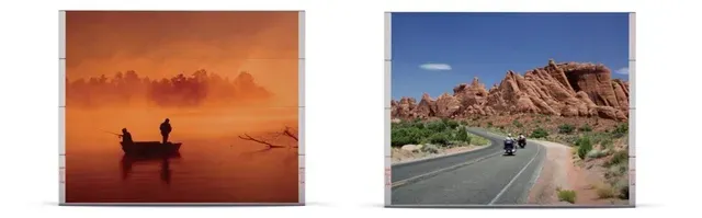 There are two pictures of a lake and a road.