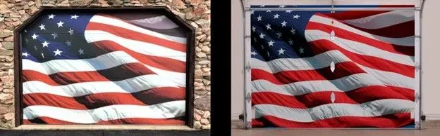 A picture of an american flag on a wall and a picture of an american flag on a box.